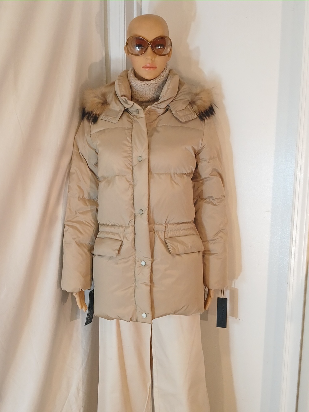 🔥 NWT Andrew Marc (New York) Tan Down Fur Trim Hood Winter Puffer Coat
